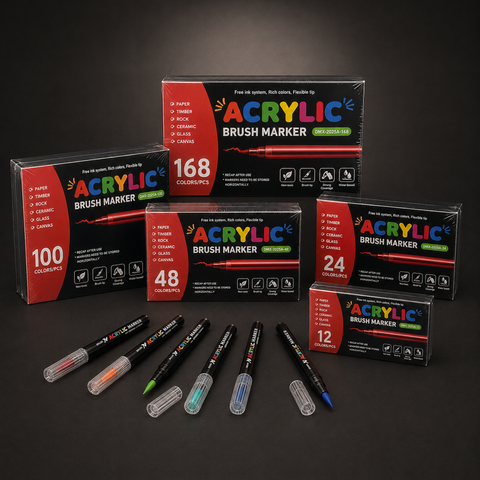 Five sealed acrylic brush marker cartons in graded sizes with loose pens and clear ribbed caps