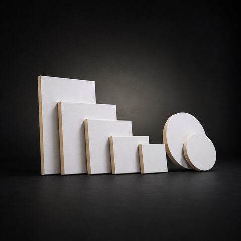 White stretched canvases in graduated square and round sizes, wooden edges showing, on a dark studio background