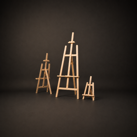 Three wooden A-frame artist's easels - tabletop, medium and full studio height - on a dark studio background