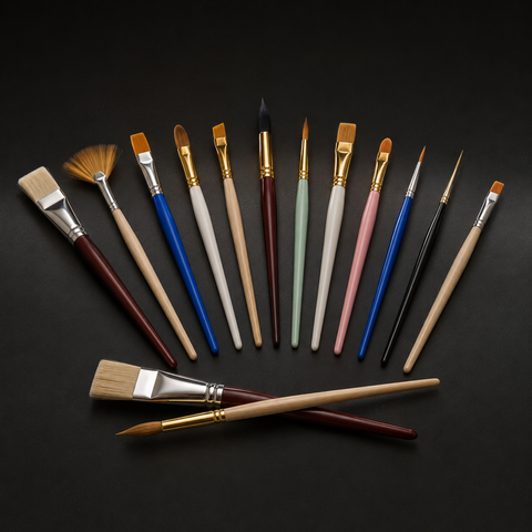A spread of artists' paint brushes in flat, round, filbert, angled and fan shapes with mixed handle colours