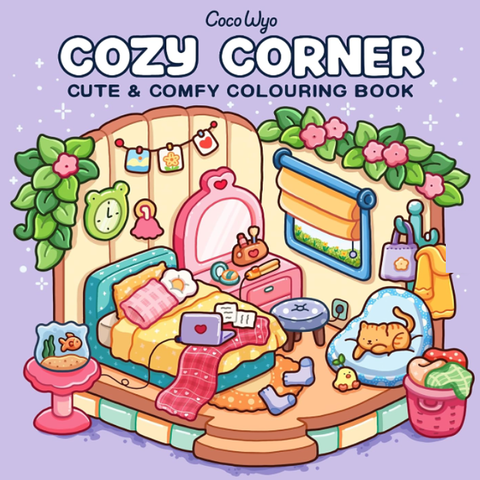 Cozy Corner colouring book cover, a cutaway bedroom scene with plants, bedding and a sleeping cat