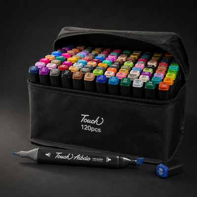 TOUCH 120-colour alcohol marker set in black zip case, open, showing all colour caps