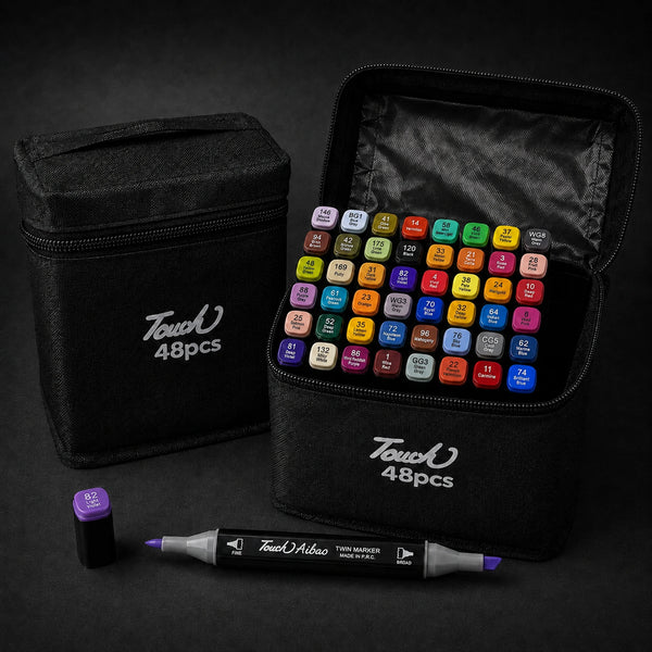TOUCH 48 alcohol marker set: black zip case shown closed and open side by side, one 82 Light Violet twin marker in front