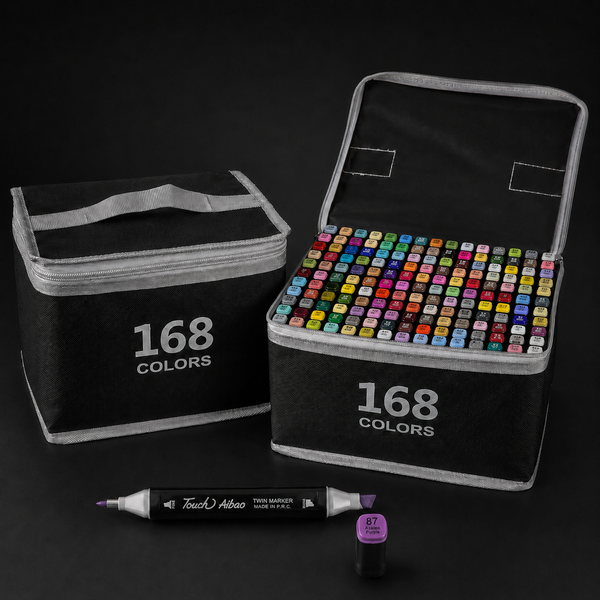 168-colour alcohol marker set: black carry case with silver zip, shown closed and open with one Azalea Purple marker