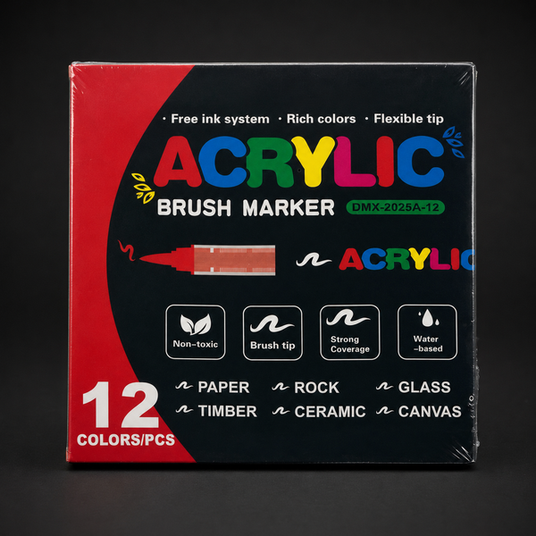 Front of the sealed 12-colour Single-Tip Acrylic Marker carton showing the ACRYLIC brush marker artwork and 12 COLORS/PCS