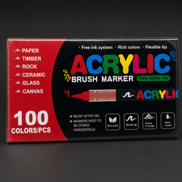 Sealed box of 100 acrylic brush markers, front view