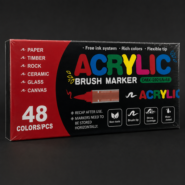 Sealed box of 48 acrylic brush markers, front view