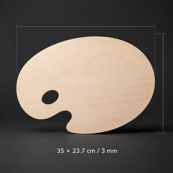 Oval wooden artist palette, 35 x 23.7 cm, birch, thumb hole
