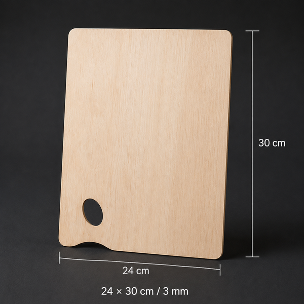 Rectangular wooden artist palette, 24 x 30 cm, birch, thumb hole