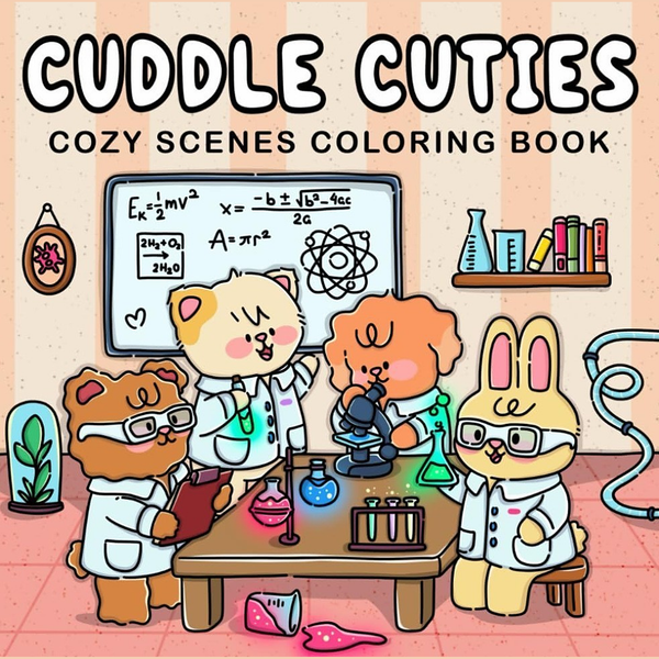 Front cover of the Cuddle Cuties colouring book, showing animal characters in lab coats around a science bench