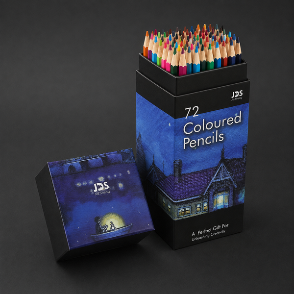 Night sky box of 72 coloured pencils, open to show the pencils