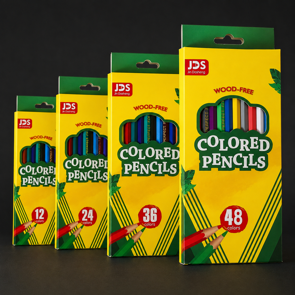 Wood-free coloured pencil boxes in 12, 24, 36 and 48 colours, standing by size