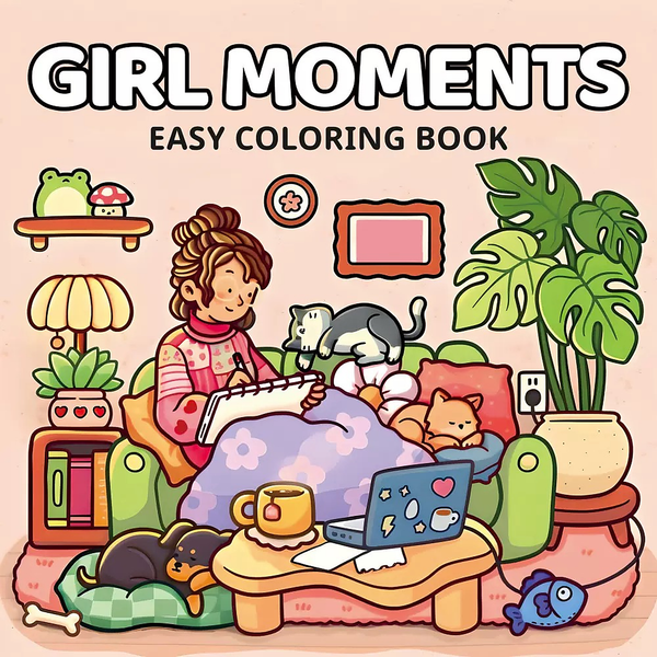 Front cover of the Girl Moments colouring book, showing a girl on a sofa with a laptop, sleeping pets and houseplants