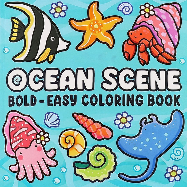 Front cover of the Ocean Scene bold and easy colouring book, showing an angelfish, starfish, hermit crab and octopus