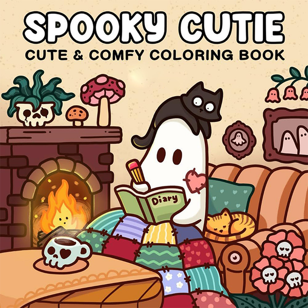Front cover of the Spooky Cutie colouring book, showing a ghost reading by a lit fireplace with a black cat