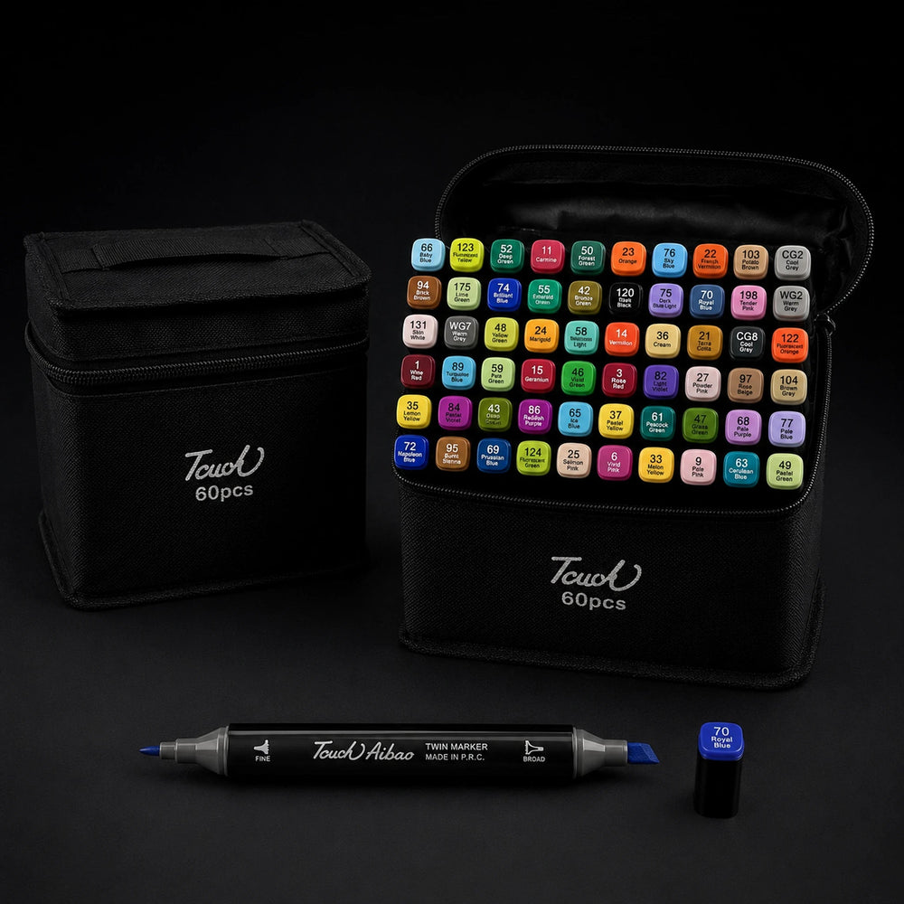 TOUCH 60 alcohol marker set, black zip case shown closed and open side by side