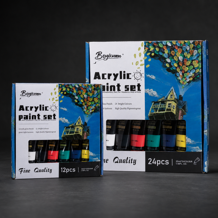 Acrylic paint set, 35 ml tubes, laid out with the colours showing