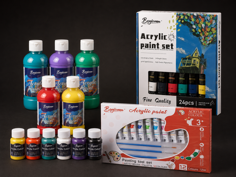 The Boyiwan acrylic paint range: large squeeze bottles, small screw-lid pots, a 24-piece boxed set and a 12-colour tube set with brushes and palette.