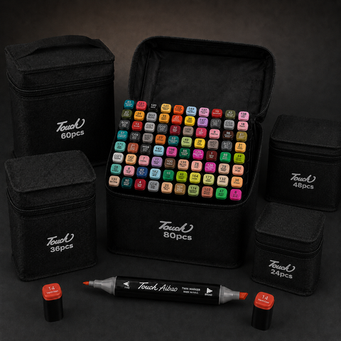 The TOUCH Aibao alcohol marker range: zipped cases in 24, 36, 48, 60 and 80 piece sizes, one open to show the numbered colour caps, with a twin-tip marker in front.