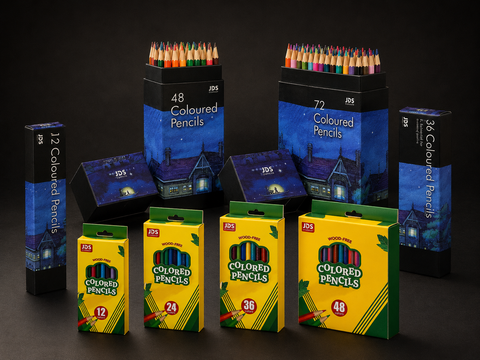 The JDS coloured pencil range: yellow wood-free boxes in 12, 24, 36 and 48 colours, and blue night-sky boxes in 12, 36, 48 and 72 colours.