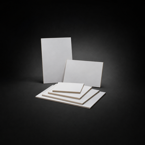 Stack of white artist's drawing boards in graduated sizes with two standing behind, on a dark studio background