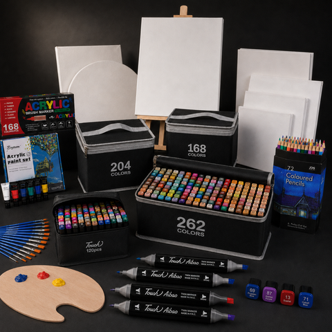 The COLOURIVO range together: marker cases in 120, 168, 204 and 262 colours, canvases, an easel, coloured pencils, brushes, a wooden palette and acrylic paint.