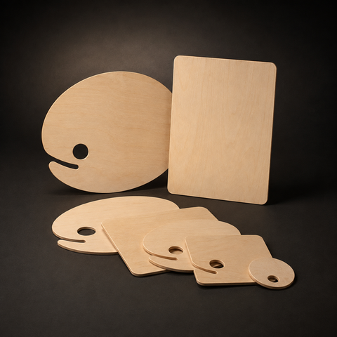 Bare birch plywood artist palettes in oval and rounded rectangle shapes on a charcoal ground