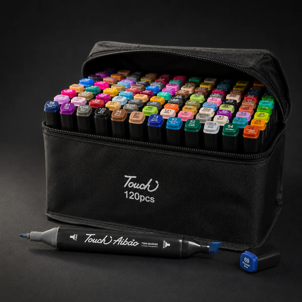 TOUCH 120-colour alcohol marker set in black zip case, open, showing all colour caps