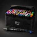 TOUCH 120-colour alcohol marker set in black zip case, open, showing all colour caps
