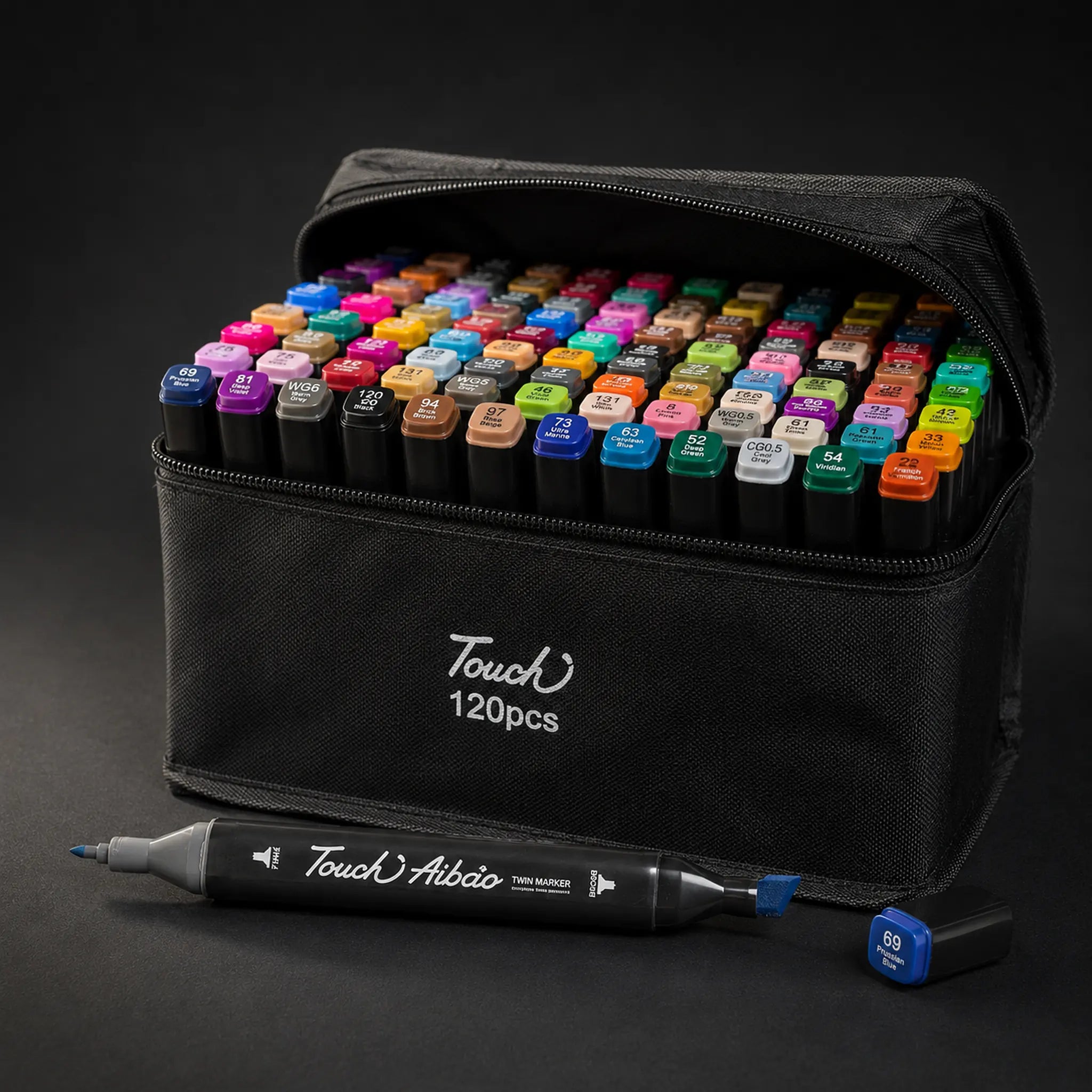 TOUCH 120-colour alcohol marker set in black zip case, open, showing all colour caps
