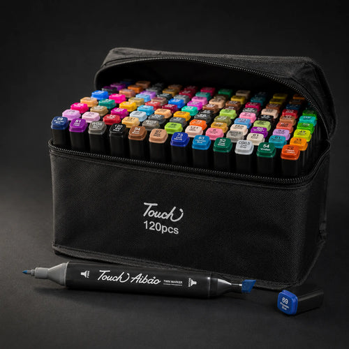 TOUCH 120-colour alcohol marker set in black zip case, open, showing all colour caps
