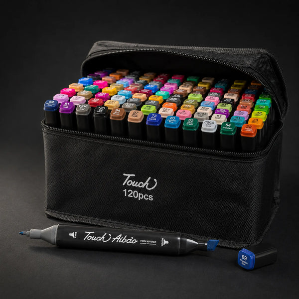 TOUCH 120-colour alcohol marker set in black zip case, open, showing all colour caps