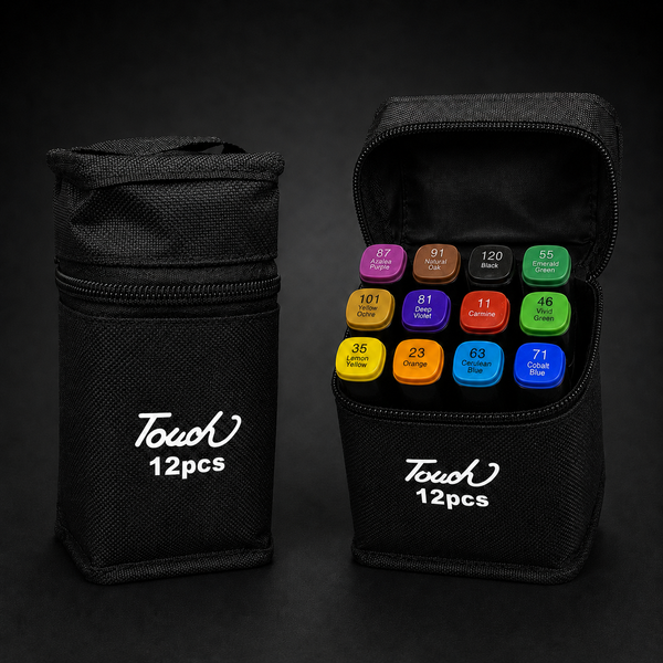 TOUCH 12 alcohol marker set: black zip case shown closed and open side by side, showing all 12 colour caps