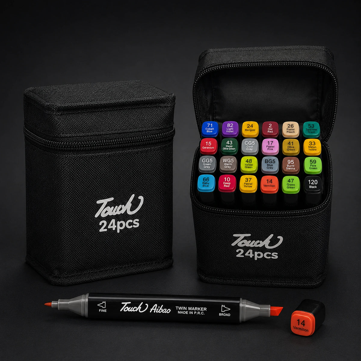 TOUCH 24 alcohol marker set: black zip case shown closed and open side by side, one 14 Vermilion twin marker in front