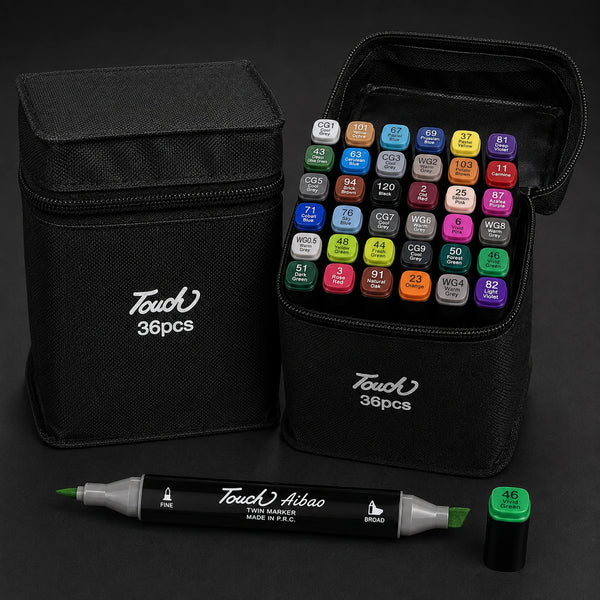TOUCH 36 alcohol marker set: black zip case shown closed and open side by side, one 46 Vivid Green twin marker in front