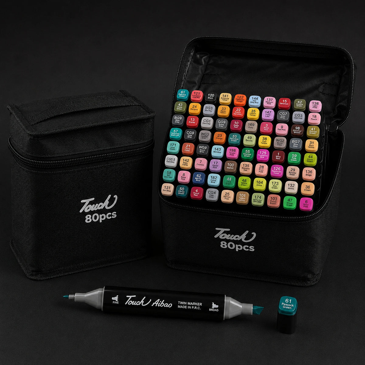 TOUCH 80 alcohol marker set: black zip case shown closed and open side by side, one Peacock Green twin marker in front