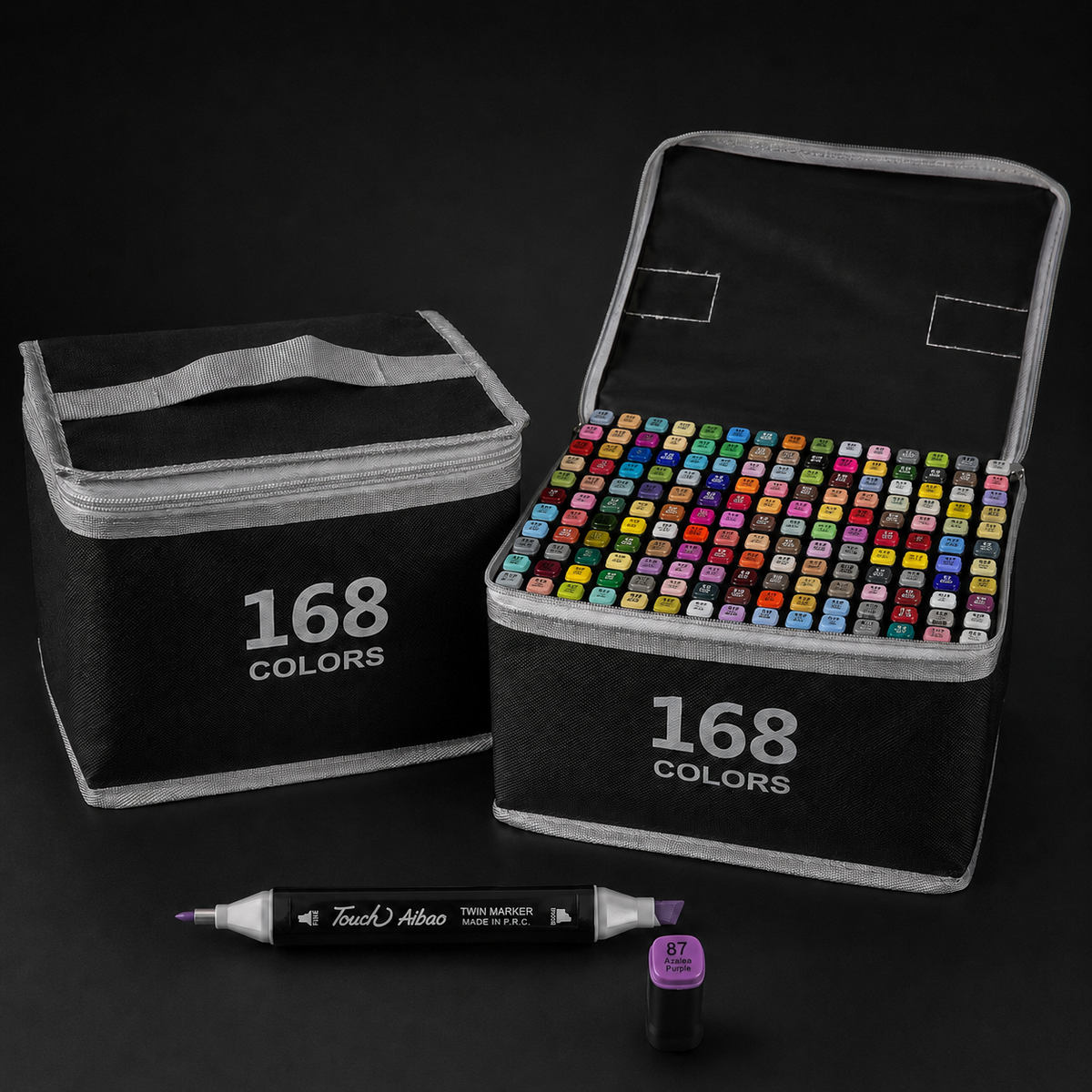 168-colour alcohol marker set: black carry case with silver zip, shown closed and open with one Azalea Purple marker