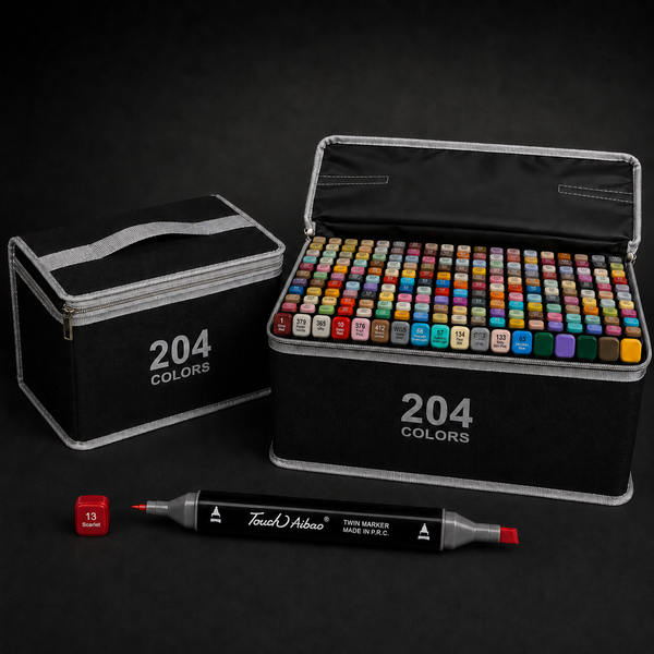 204-colour alcohol marker set: black carry case with silver zip, shown closed and open with one Scarlet marker