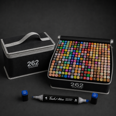 262-colour alcohol marker set: black carry case with silver zip, shown closed and open with one Cobalt Blue marker