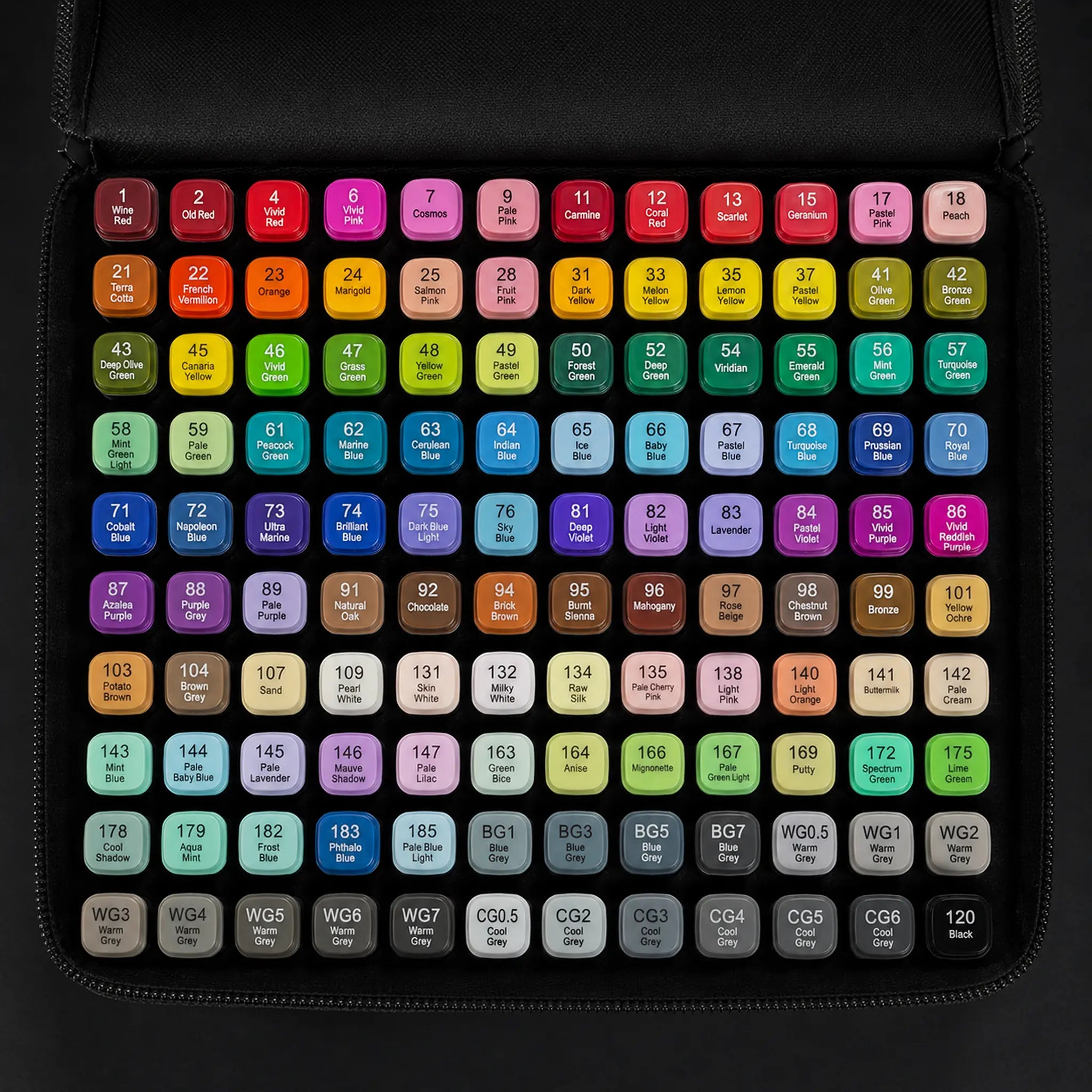Top-down view of all 120 TOUCH alcohol marker caps with printed colour codes and names
