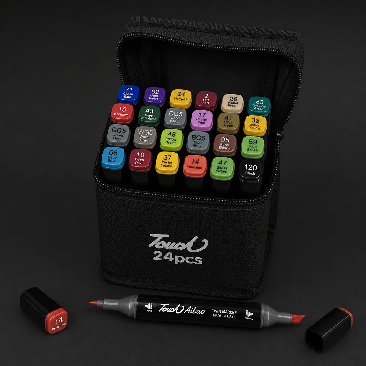 TOUCH 24 alcohol marker set open at a three-quarter angle, showing all 24 colour caps in the black case