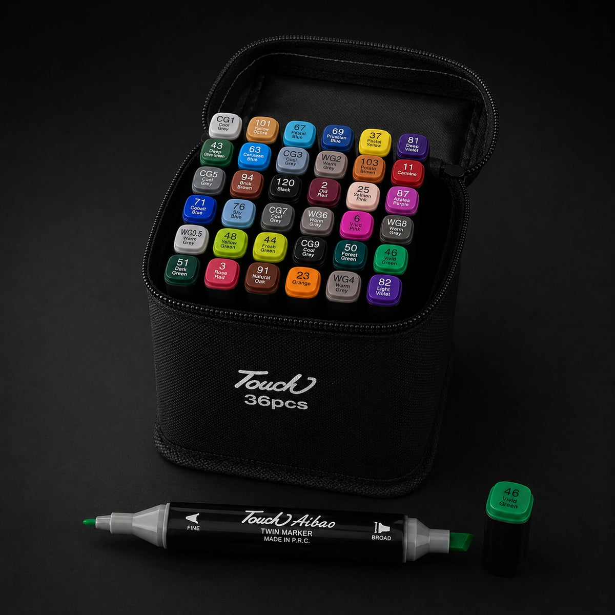 TOUCH 36 alcohol marker set open at a three-quarter angle, showing all 36 colour caps in the black case