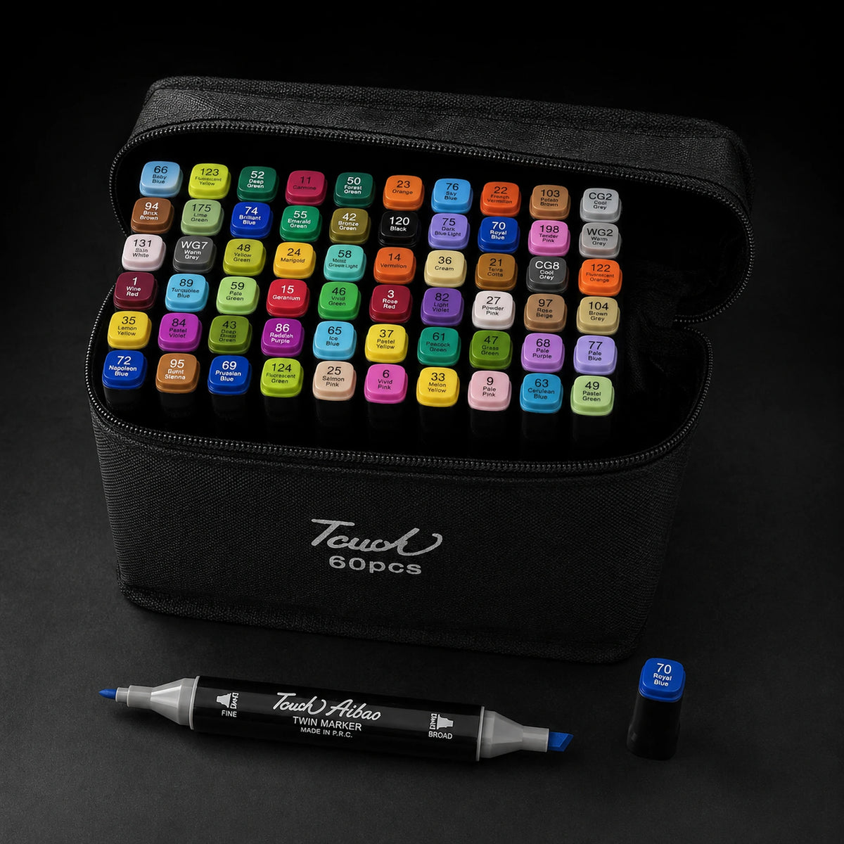TOUCH 60 alcohol marker set open at a three-quarter angle, showing all 60 colour caps in the black case