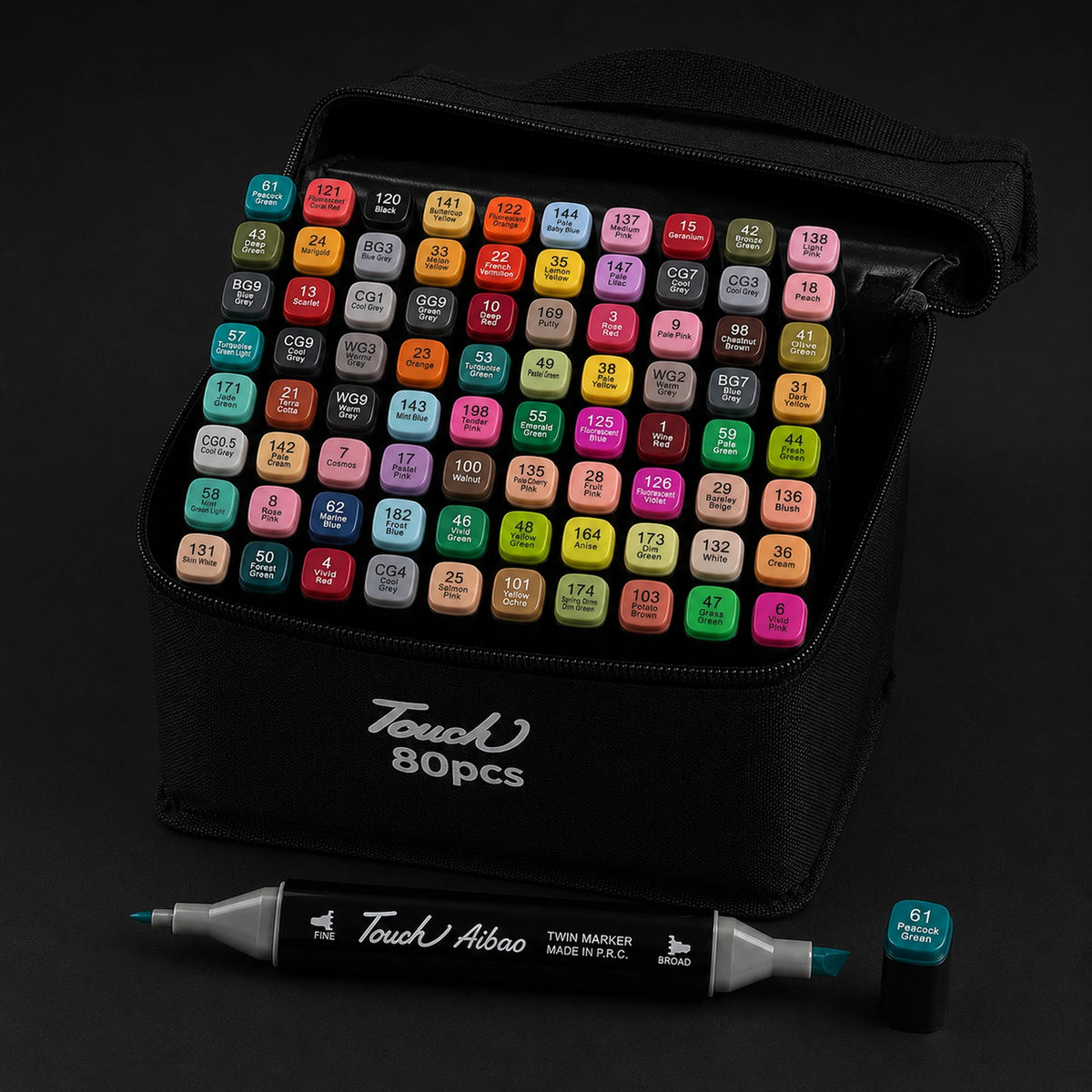 TOUCH 80 alcohol marker set open at a three-quarter angle, showing all 80 colour caps in the black case