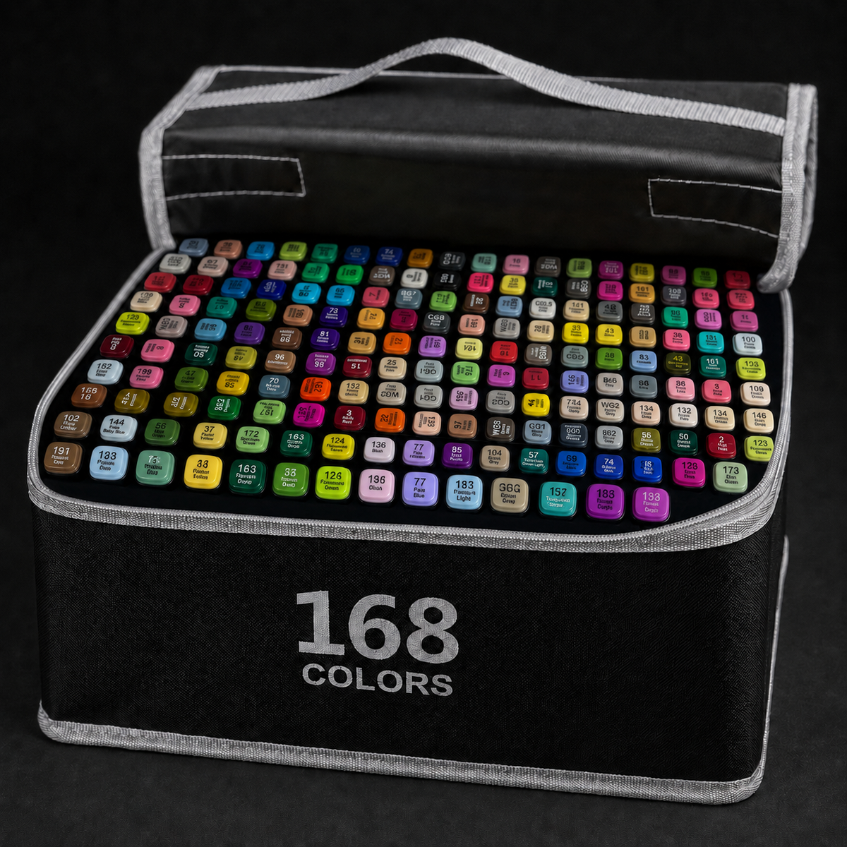 168-colour alcohol marker set open at a three-quarter angle, showing the full grid of caps in the carry case