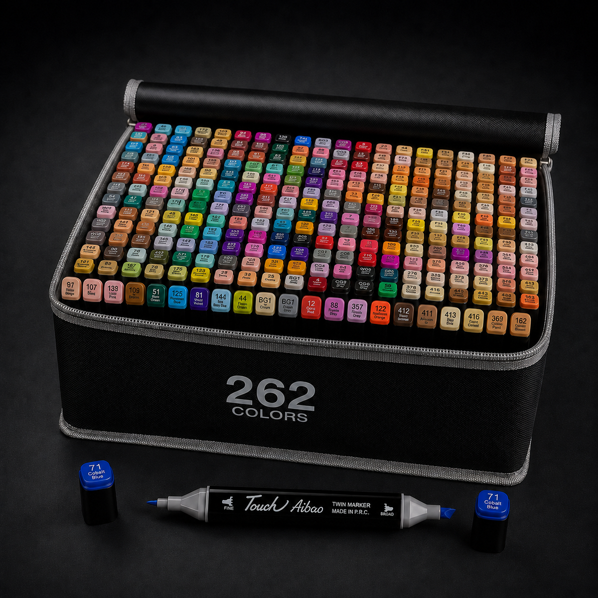 262-colour alcohol marker set open at a three-quarter angle, showing the full grid of caps in the carry case
