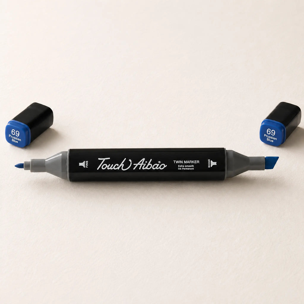 TOUCH Aibao twin marker showing chisel nib and fine bullet nib in Prussian Blue 69