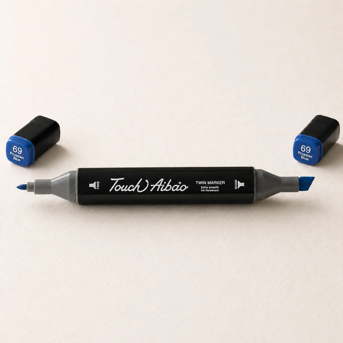 TOUCH Aibao twin marker showing chisel nib and fine bullet nib in Prussian Blue 69