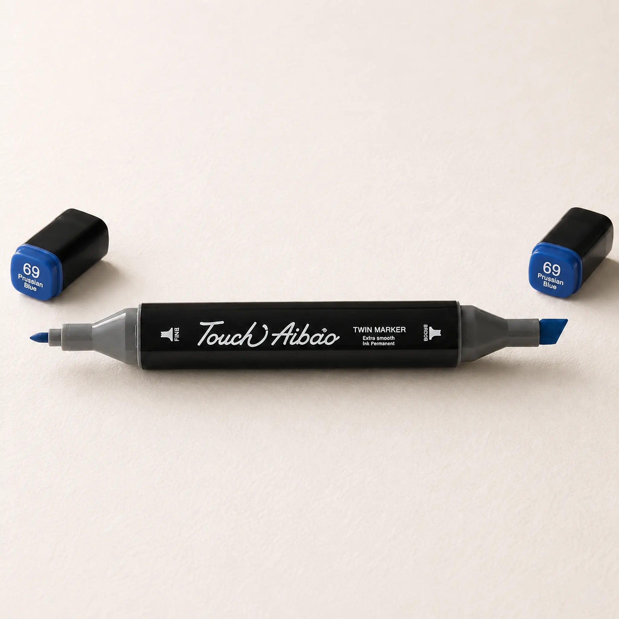 TOUCH Aibao twin marker showing chisel nib and fine bullet nib in Prussian Blue 69