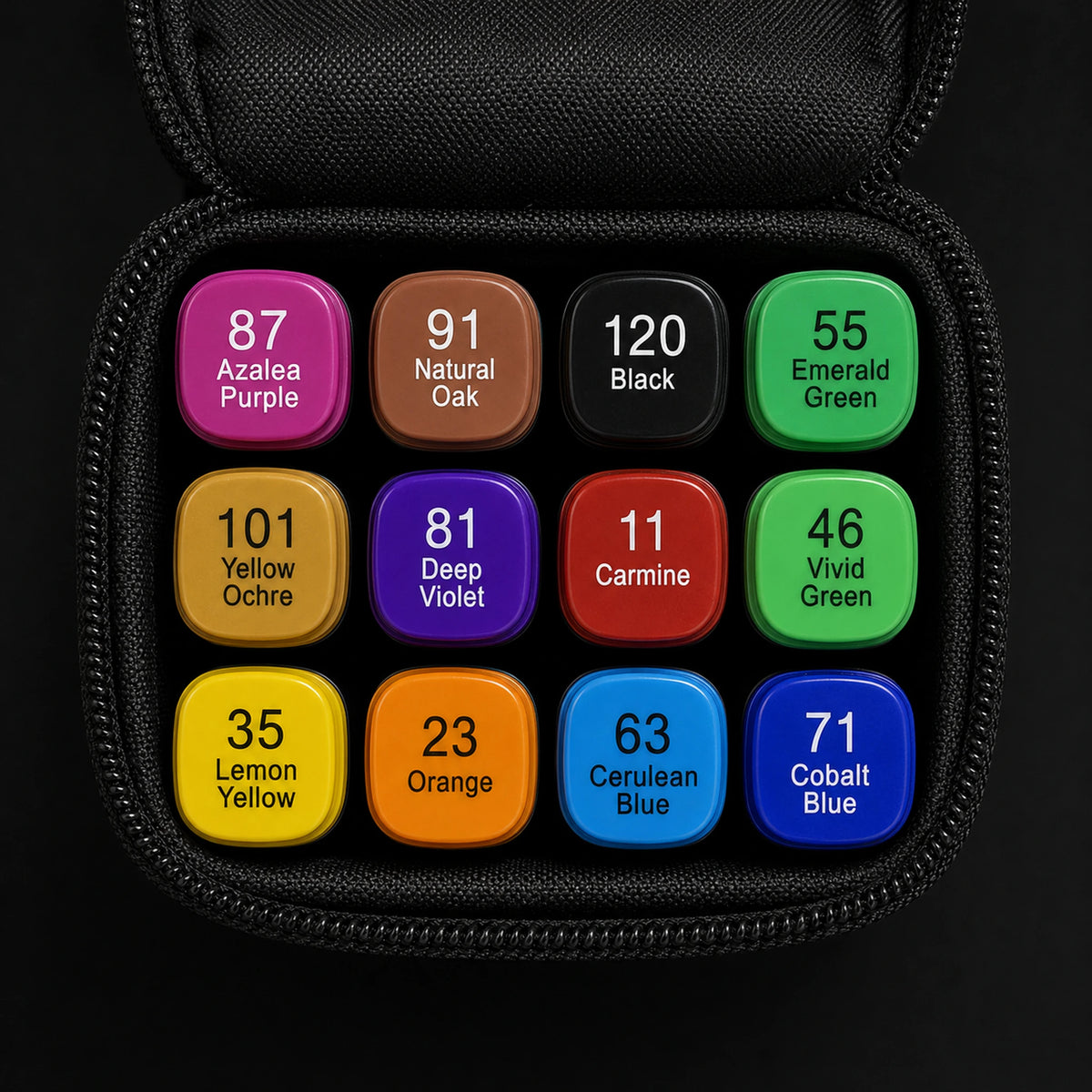 Straight top-down view of the open TOUCH 12 alcohol marker set with all 12 caps in their original rows